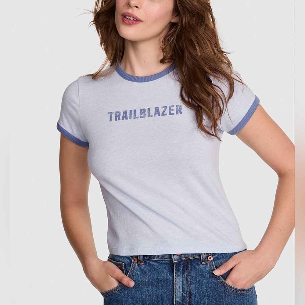 🏷NWT PINK Victoria's Secret Retro Cotton Tee In Heather Sheer Blue - XS & Small